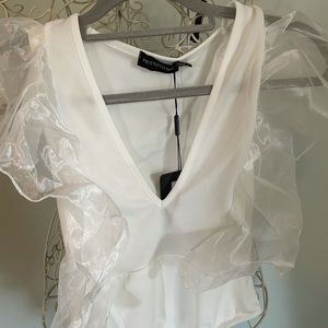 White Organza Plunge Bodysuit